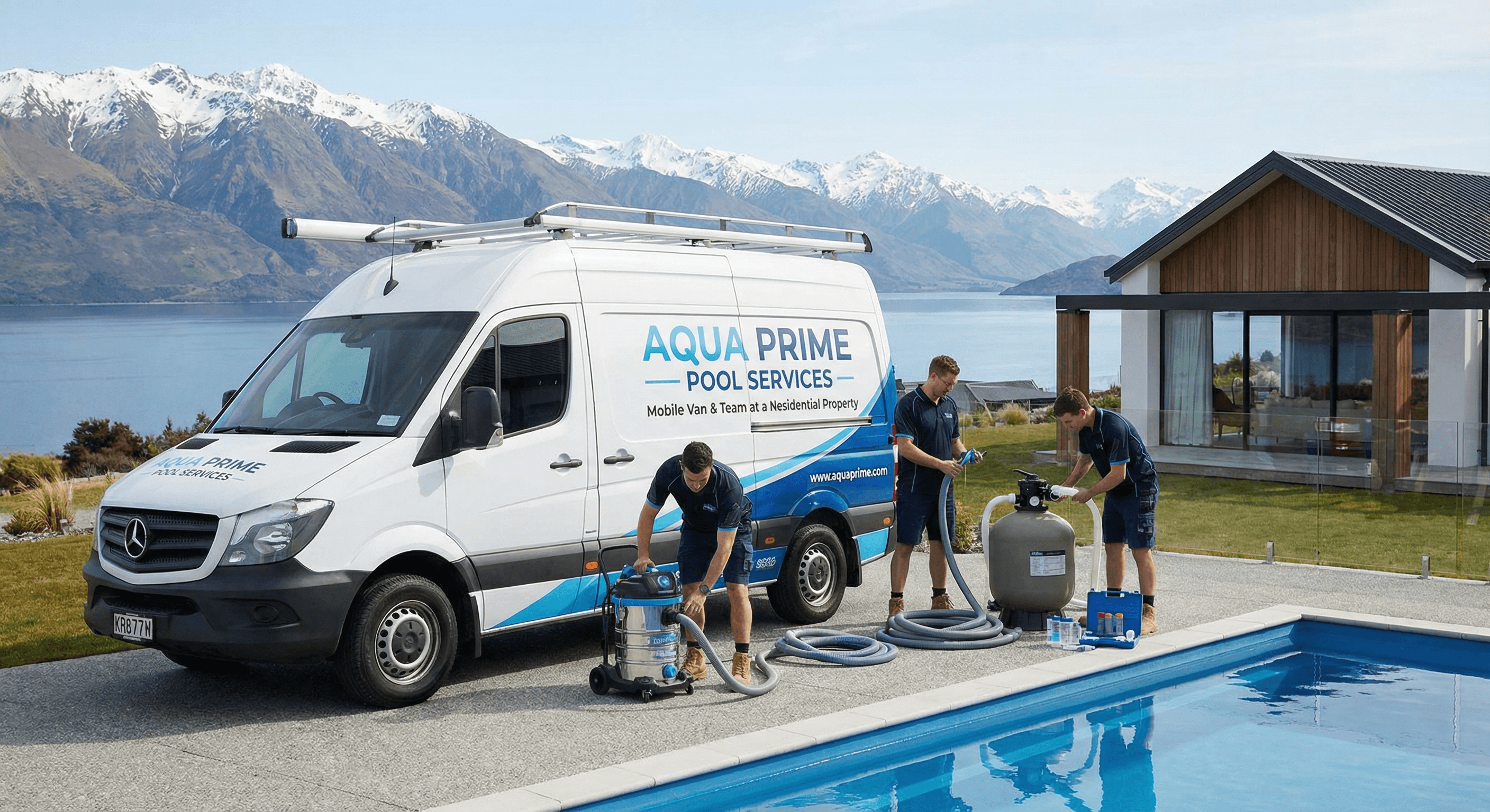 Professional mobile pool service team with equipment in New Zealand