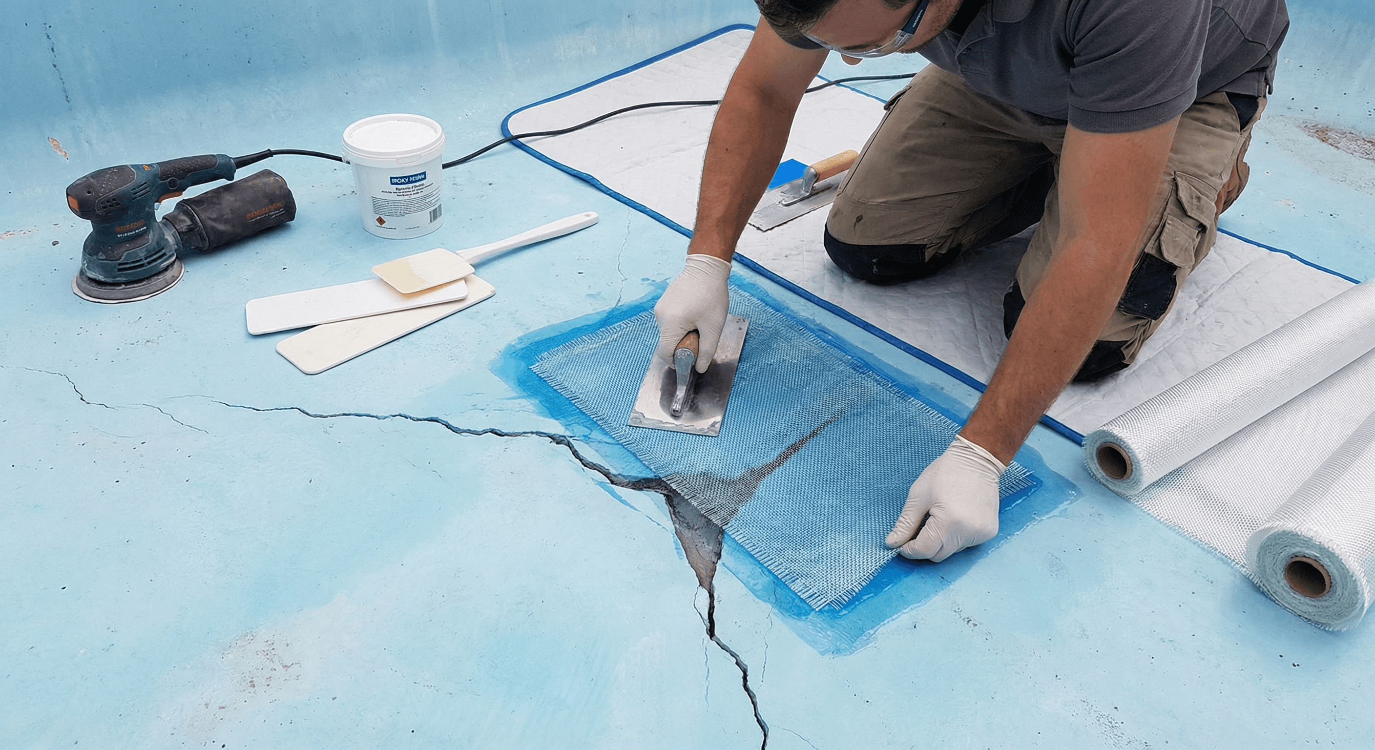 Professional technician repairing cracks in fibreglass pool