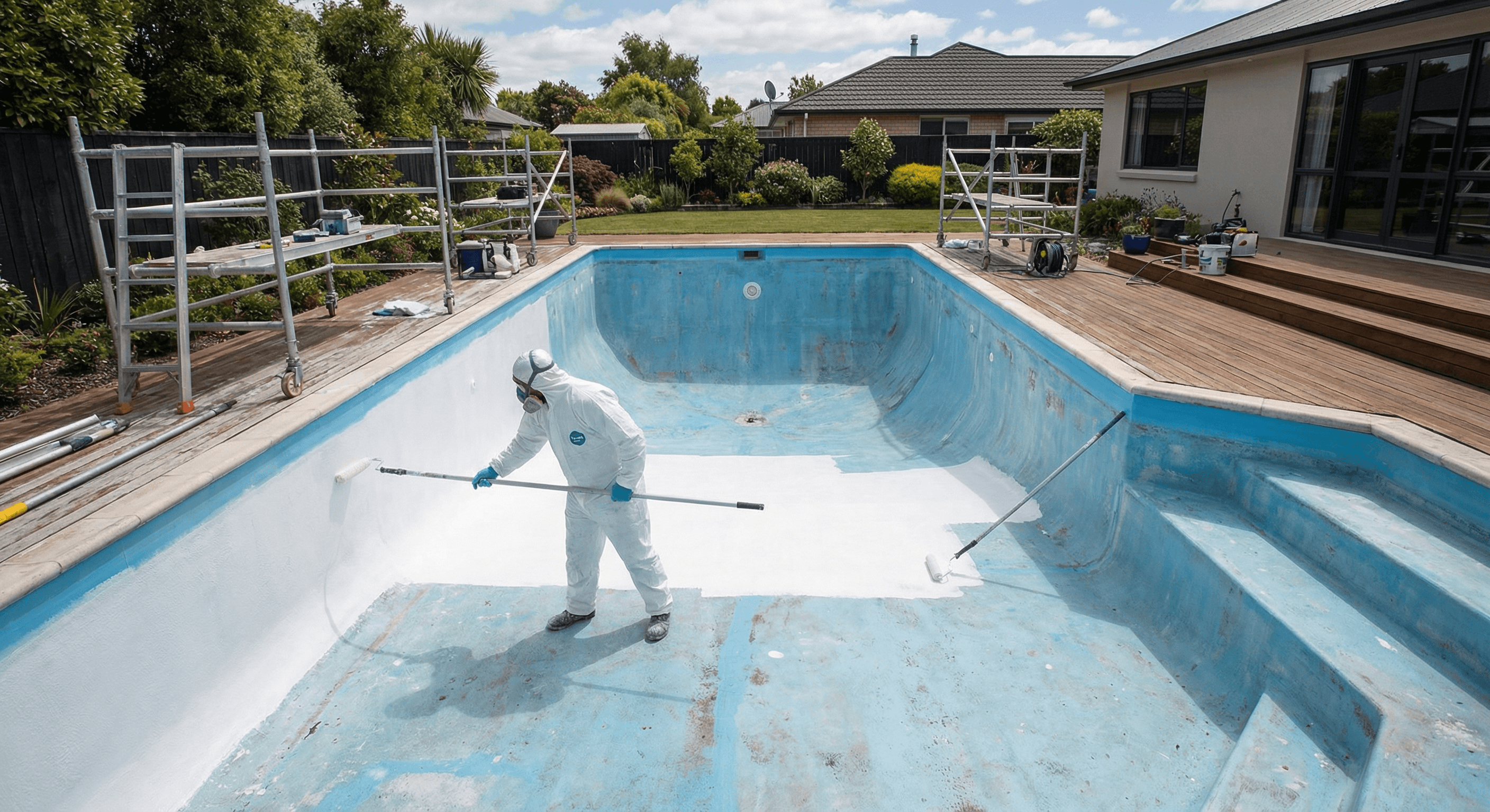 Professional fibreglass pool resurfacing in progress in New Zealand